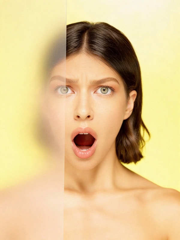 Beauty portrait of a model with a surprised expression against a pale yellow background, partly softened by frosted glass.