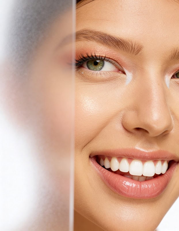 make this one feel polished and commercial. Close-up beauty portrait with glowing skin, glossy lips, and one side of the face softened by frosted glass.