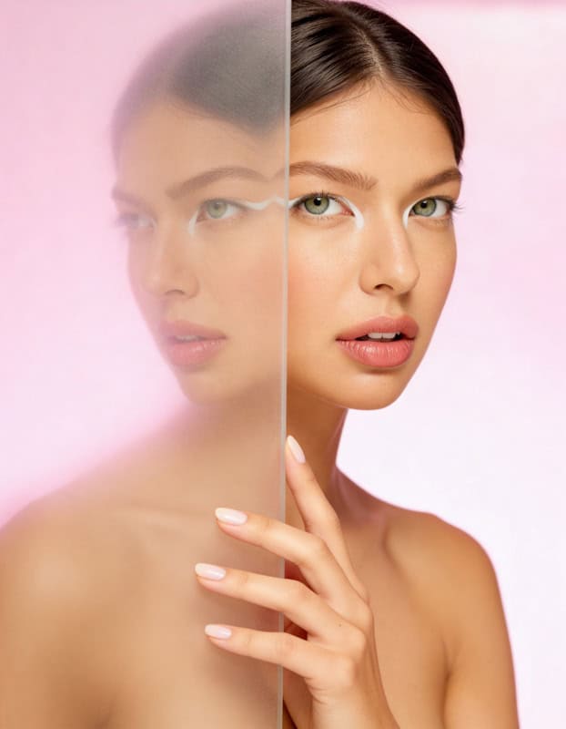 Three-quarter beauty portrait of a model holding frosted glass with a soft reflection on one side.