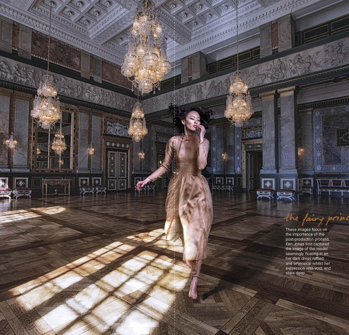 Woman dancing in an opulent ballroom with chandeliers and intricate decor.