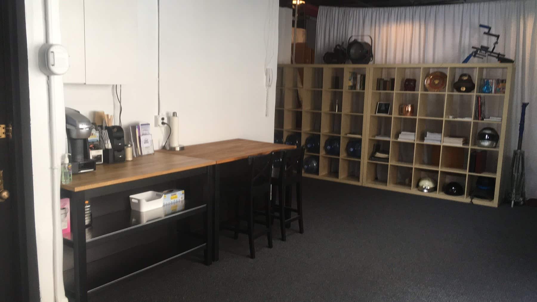 Reception and pantry area for clients and crew inside the NYC photo studio