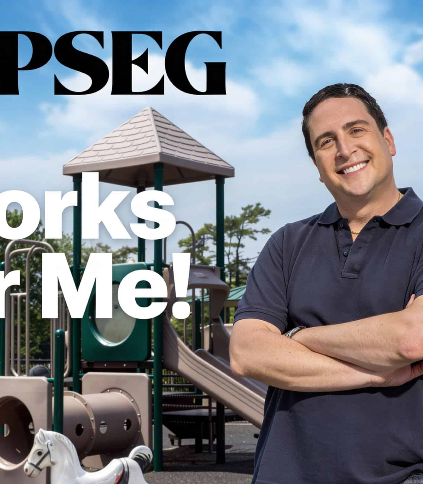 pseg-advertisement-with-the-catchphrase-works-for-me-featuring-a-man-in-a-navyblue-polo-shirt-stands-with-his-arms-crossed-in-front-of-a-playground