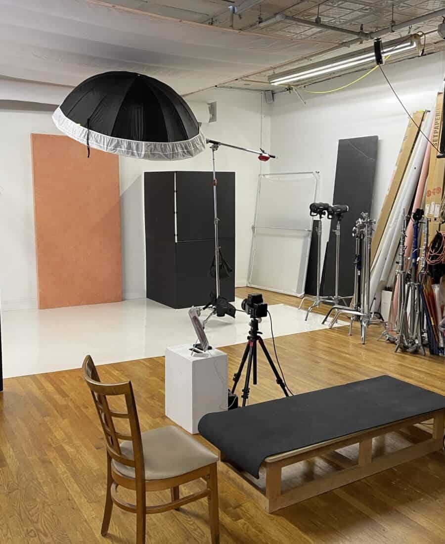 Editorial photography studio setup with lighting, grip, and backdrop options