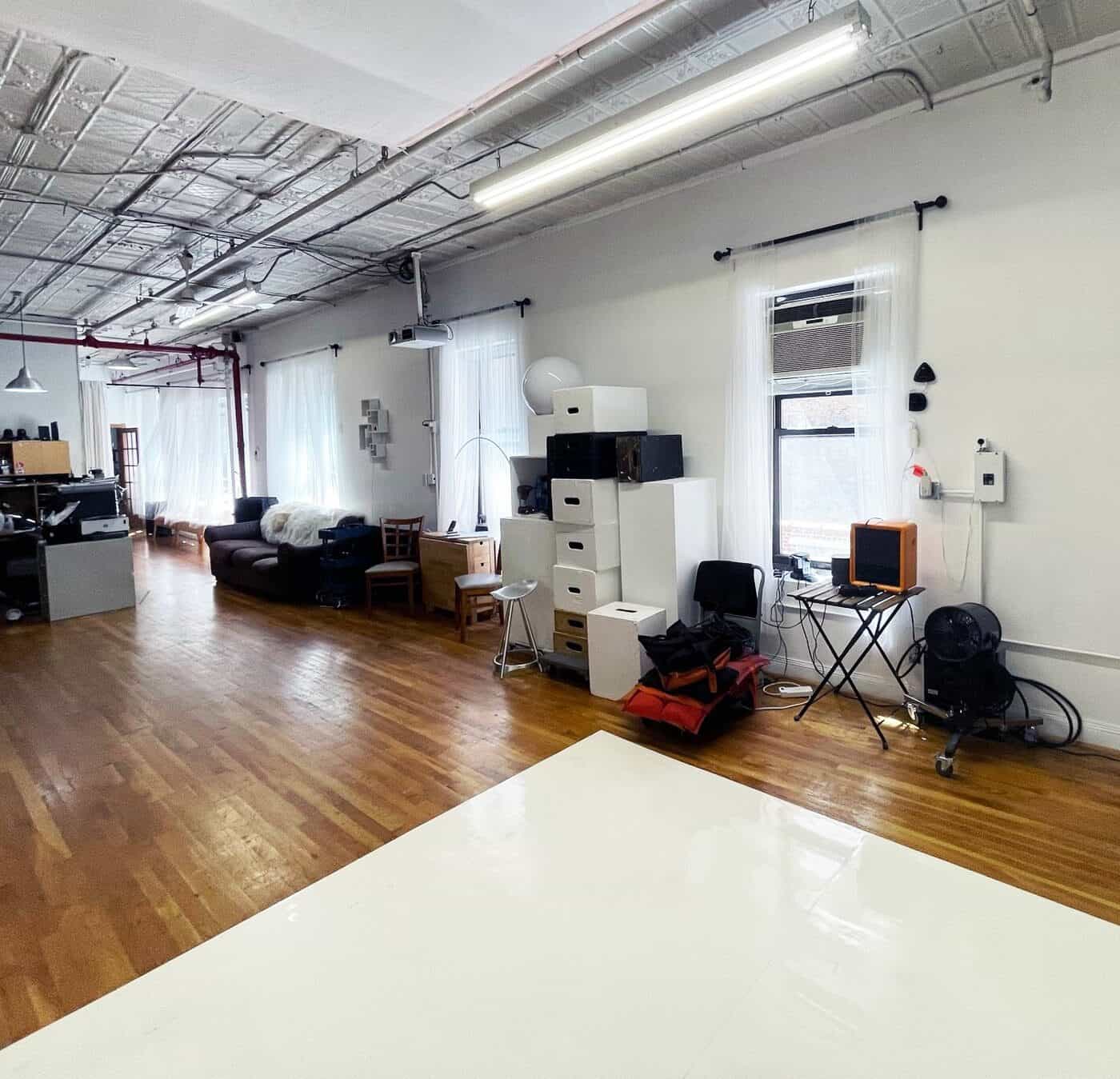 Photo studio seamless backdrop area for portraits, product photography, and editorials