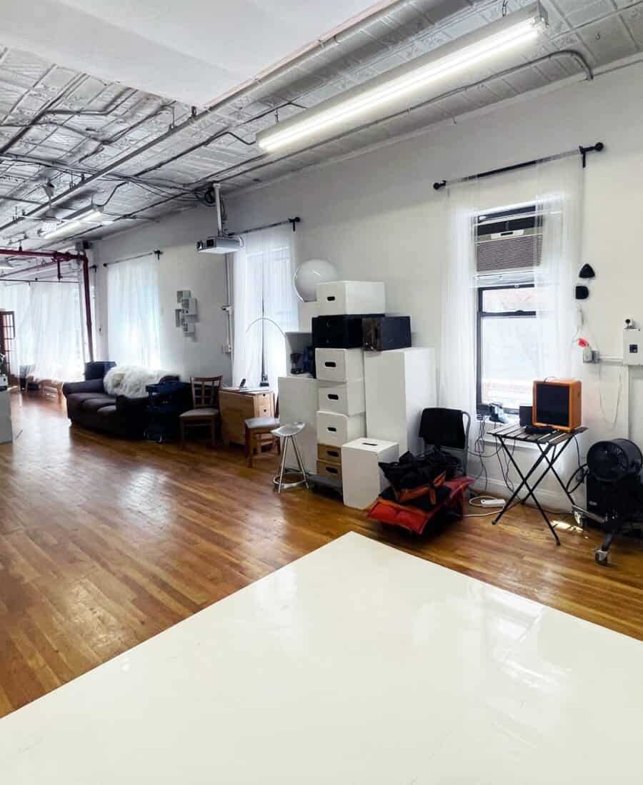 Photo studio seamless backdrop area for portraits, product photography, and editorials